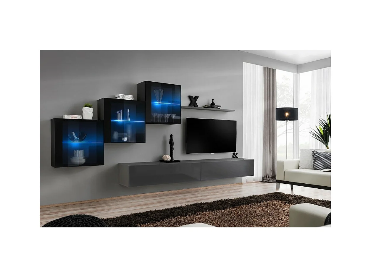 Wohnzimmermöbelset SWITCH XX Design, in glänzendem Grau und Schwarz.