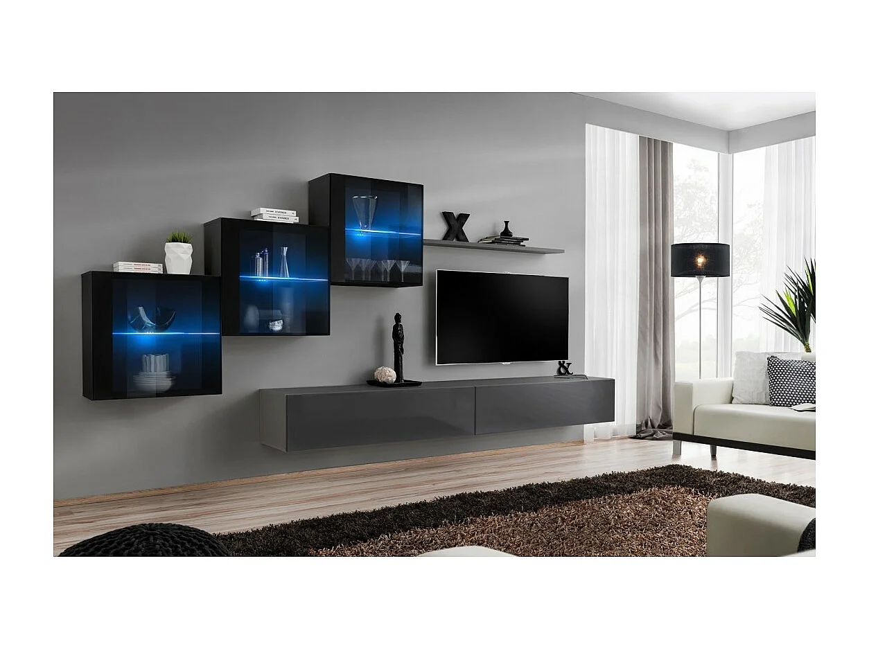 Ensemble meubles de salon SWITCH XX design, coloris gris et noir brillant.