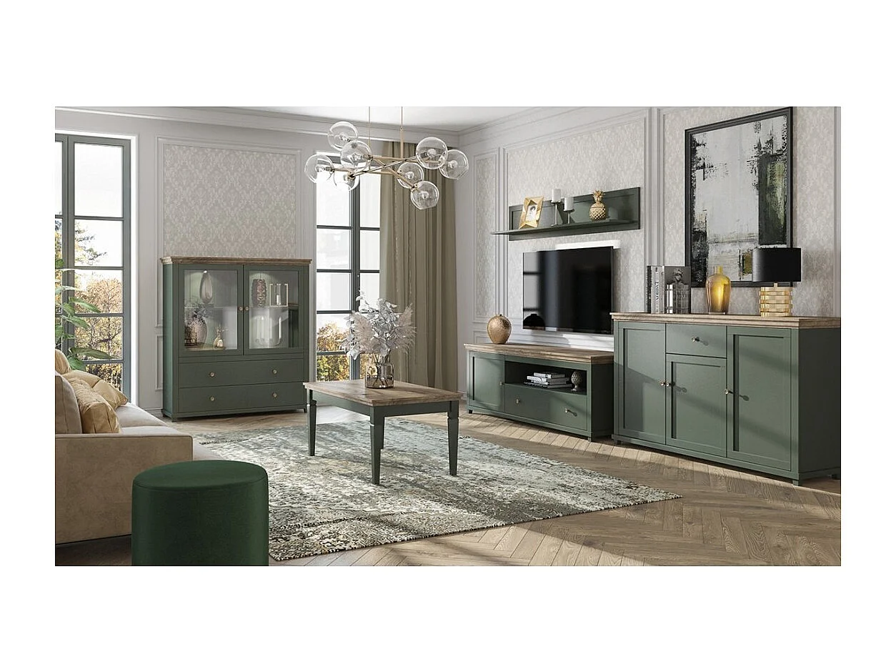 Set di 5 mobili per il tuo soggiorno in color verde e rovere. Collezione ASSIA.