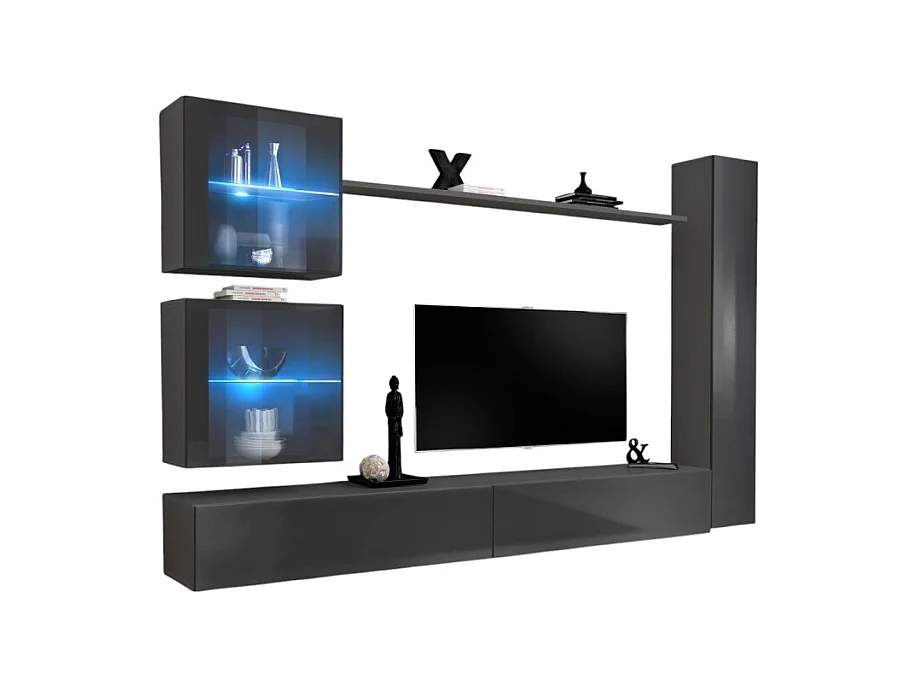 Ensemble meuble salon mural SWITCH XVIII design, coloris gris brillant.