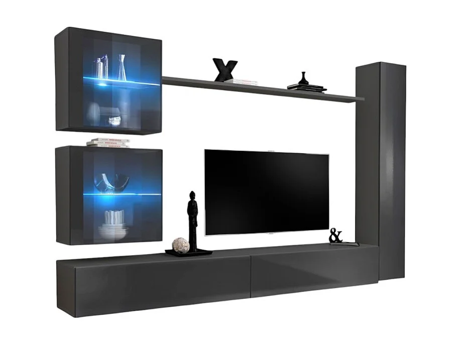 Ensemble meuble salon mural SWITCH XVIII design, coloris gris brillant.