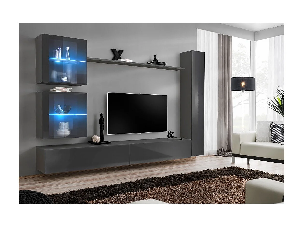Ensemble meuble salon mural SWITCH XVIII design, coloris gris brillant.