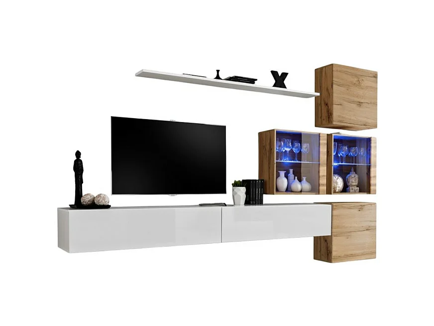 Conjunto de móveis para sala de estar SWITCH XIX design, na cor branco brilhante e carvalho Wotan.