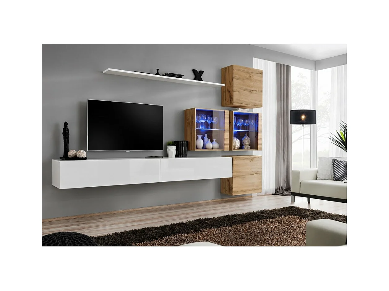 Conjunto de móveis para sala de estar SWITCH XIX design, na cor branco brilhante e carvalho Wotan.