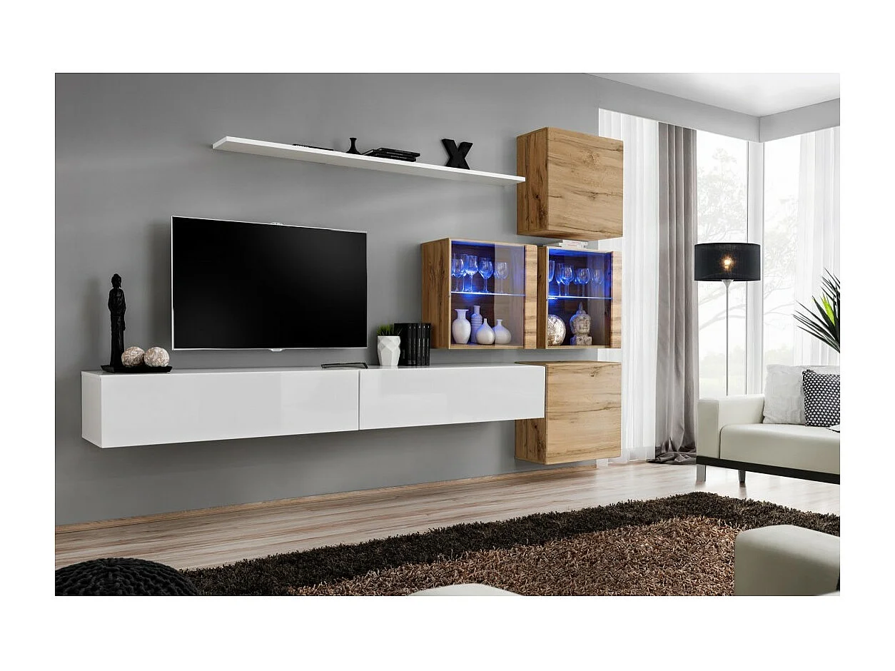 Set di mobili da soggiorno SWITCH XIX design, colore bianco lucido e rovere Wotan.