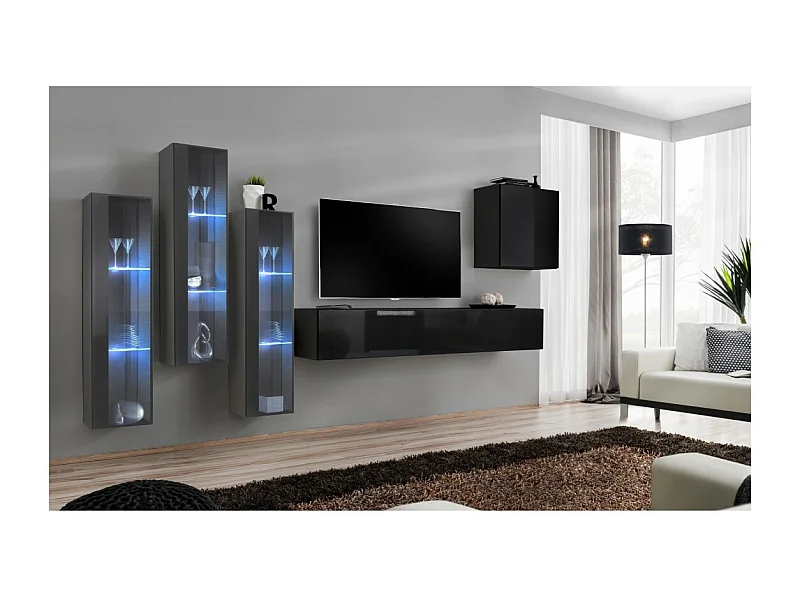 Conjunto de móveis para sala de estar SWITCH XIII, design de parede, nas cores preto brilhante e cinza.