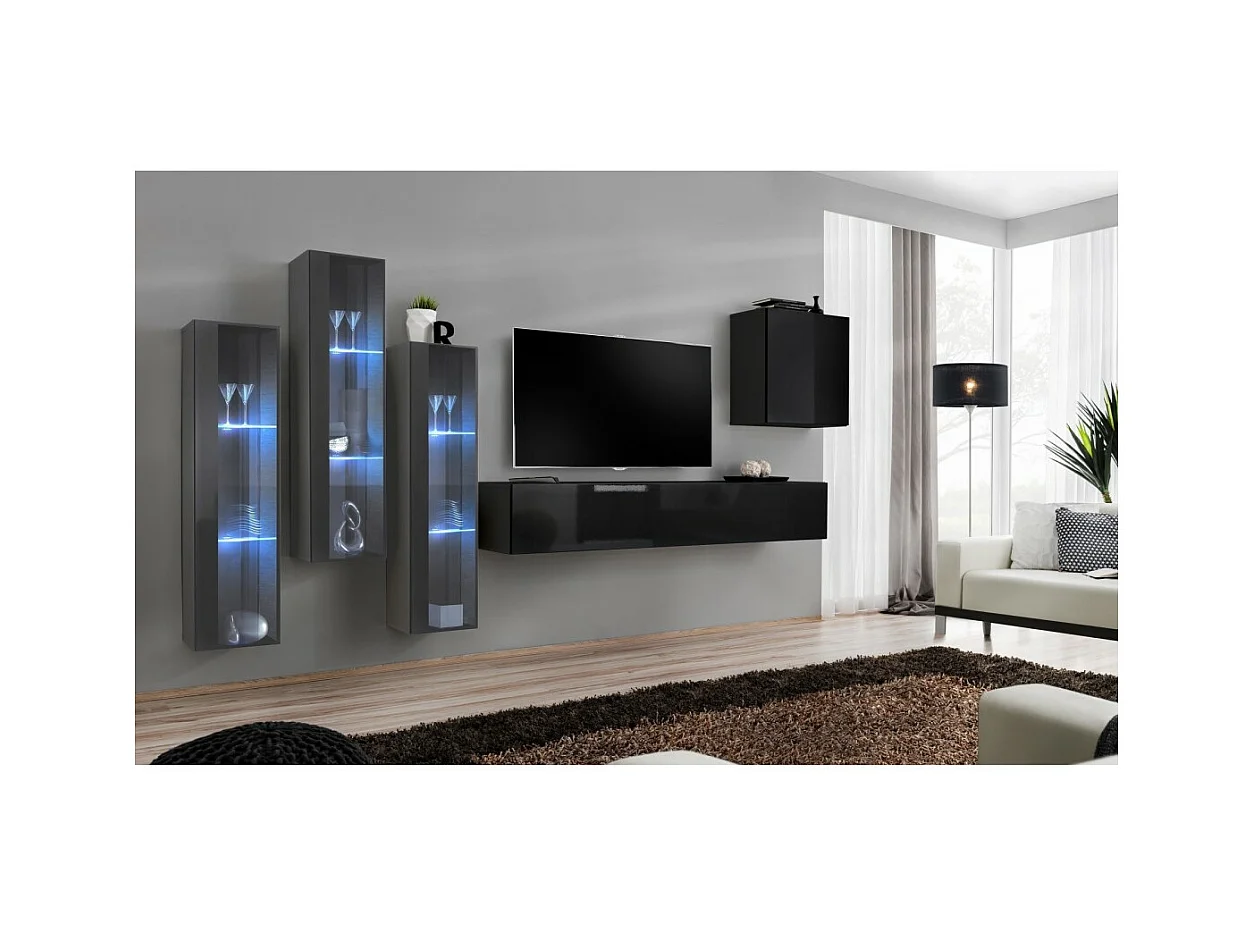 Ensemble meuble salon mural SWITCH XIII design, coloris noir brillant et gris.