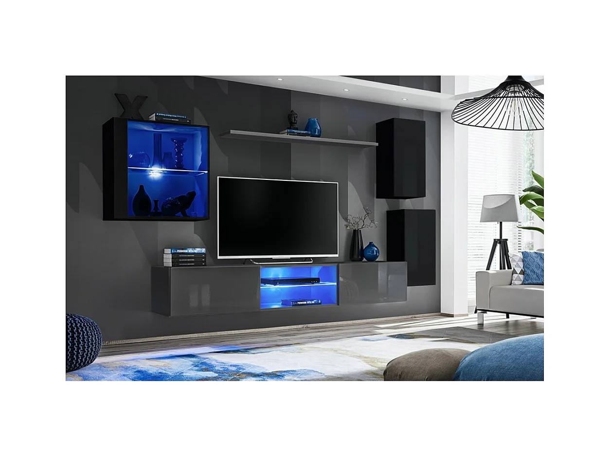 Set woonkamermeubels SWITCH XXIII – LED – Zwart en grijs – Hangend design