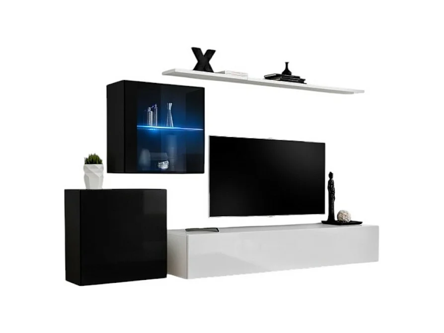 Ensemble meuble salon mural SWITCH XV design, coloris blanc et noir brillant.