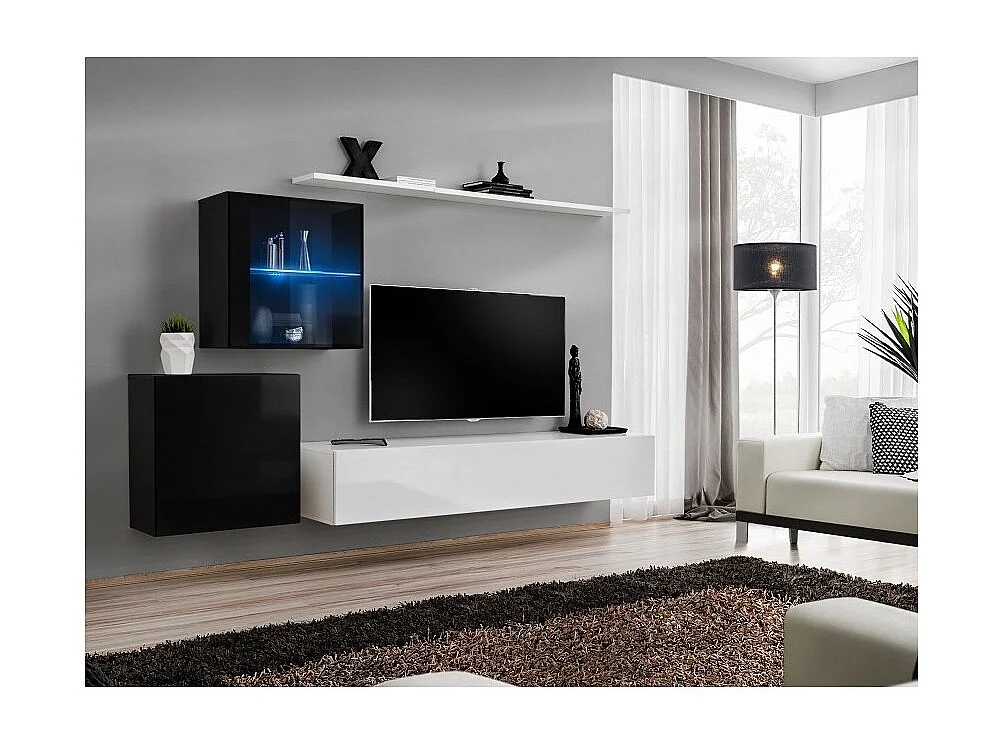 Wandmeubelset voor de woonkamer SWITCH XV design, in glanzend wit en zwart.