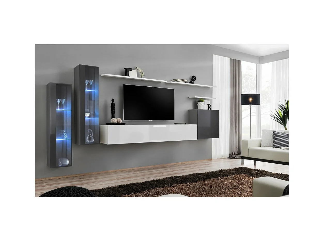 Set di mobili da soggiorno da parete SWITCH XI design, colore bianco lucido e grigio lucido.