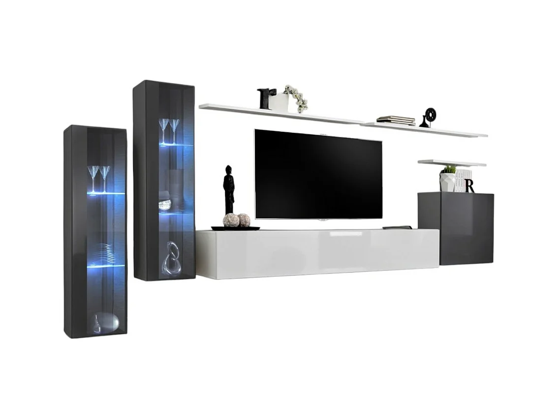 Conjunto de móveis de parede para sala de estar SWITCH XI, design, na cor branco brilhante e cinza brilhante.