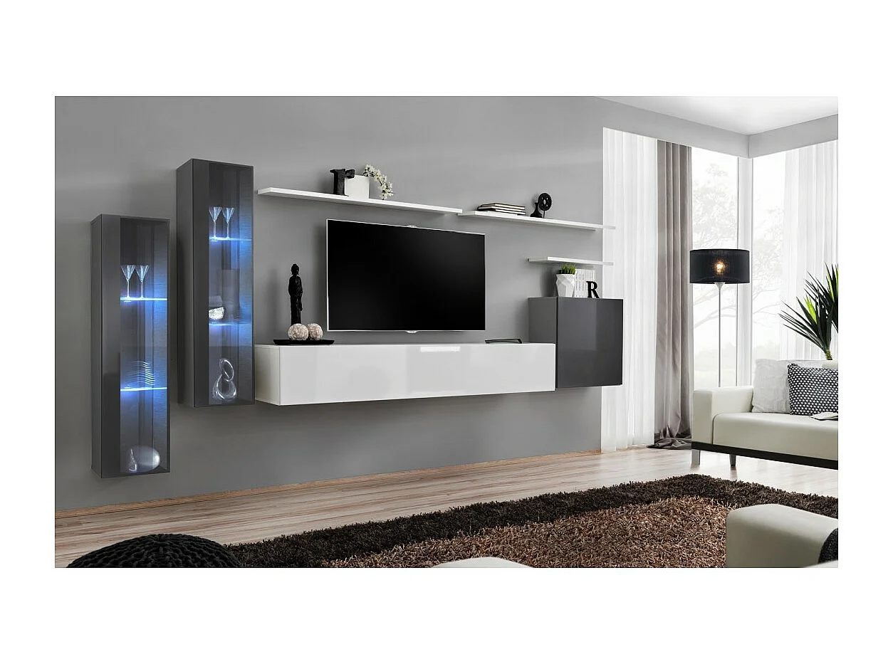Ensemble meuble salon mural SWITCH XI design, coloris blanc brillant et gris brillant.