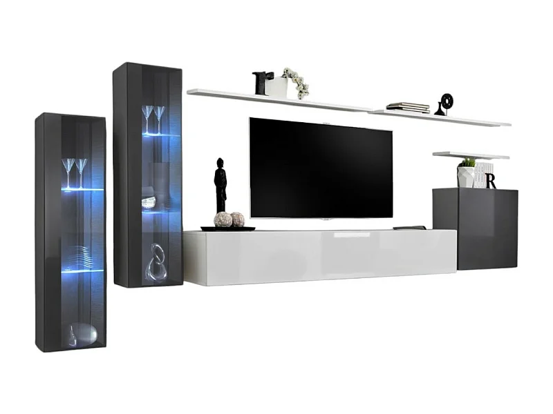 Wandmeubelset voor de woonkamer SWITCH XI design, in glanzend wit en glanzend grijs.