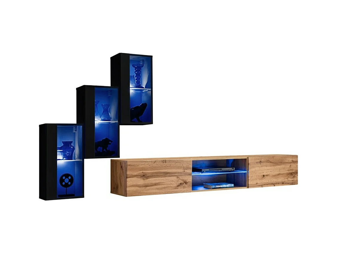 Set woonkamermeubels SWITCH XXII – LED – Zwart en eiken – Hangend ontwerp