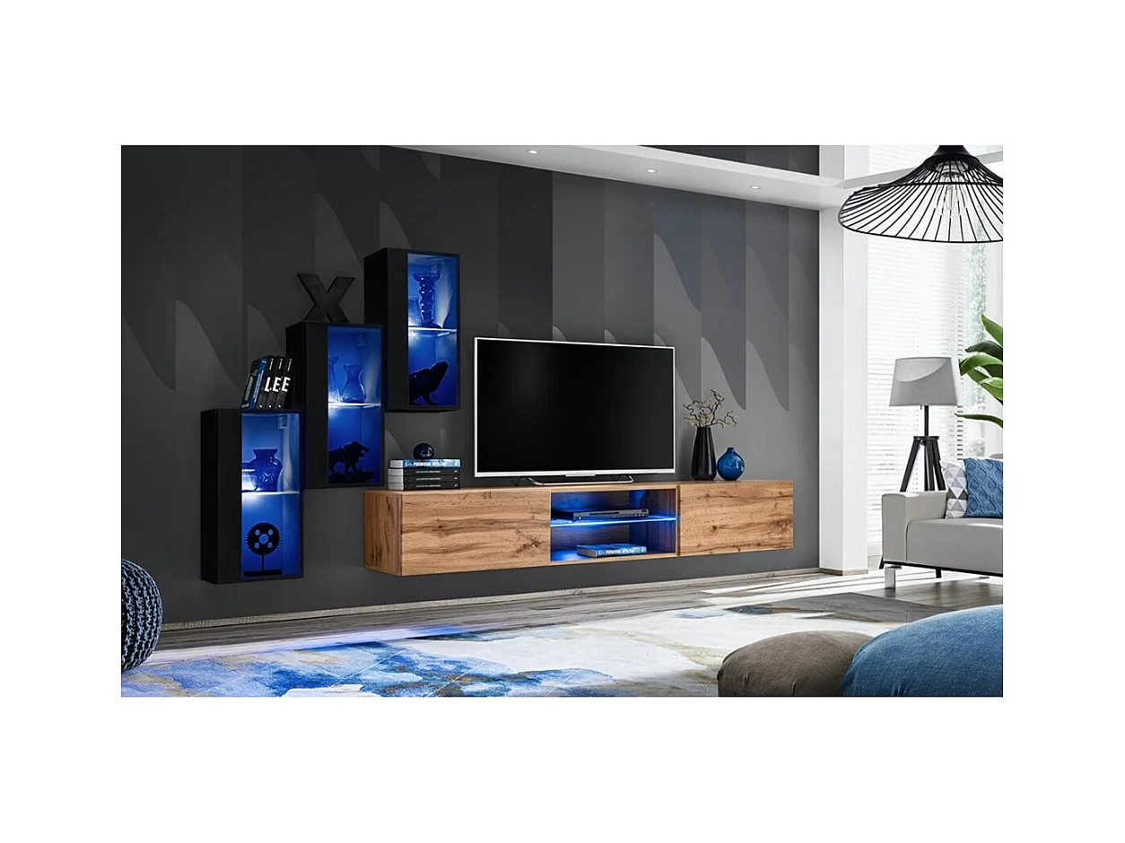 Set woonkamermeubels SWITCH XXII – LED – Zwart en eiken – Hangend ontwerp