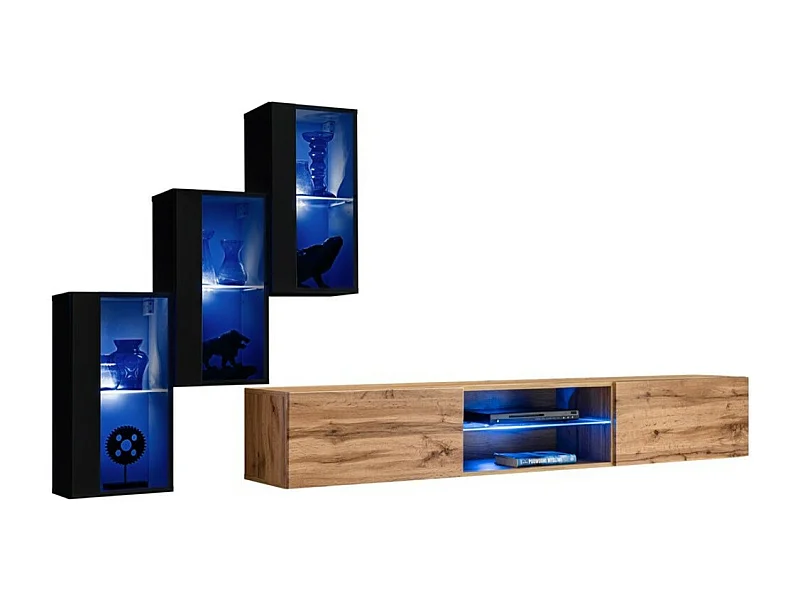 Set woonkamermeubels SWITCH XXII – LED – Zwart en eiken – Hangend ontwerp