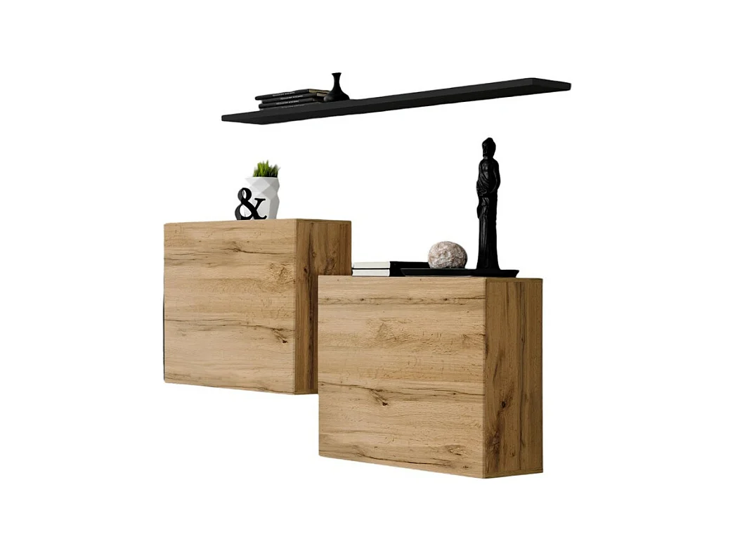 Wohnzimmermöbelset SWITCH SBI im Design, Farbe Wotan-Eiche und schwarzes Regal.