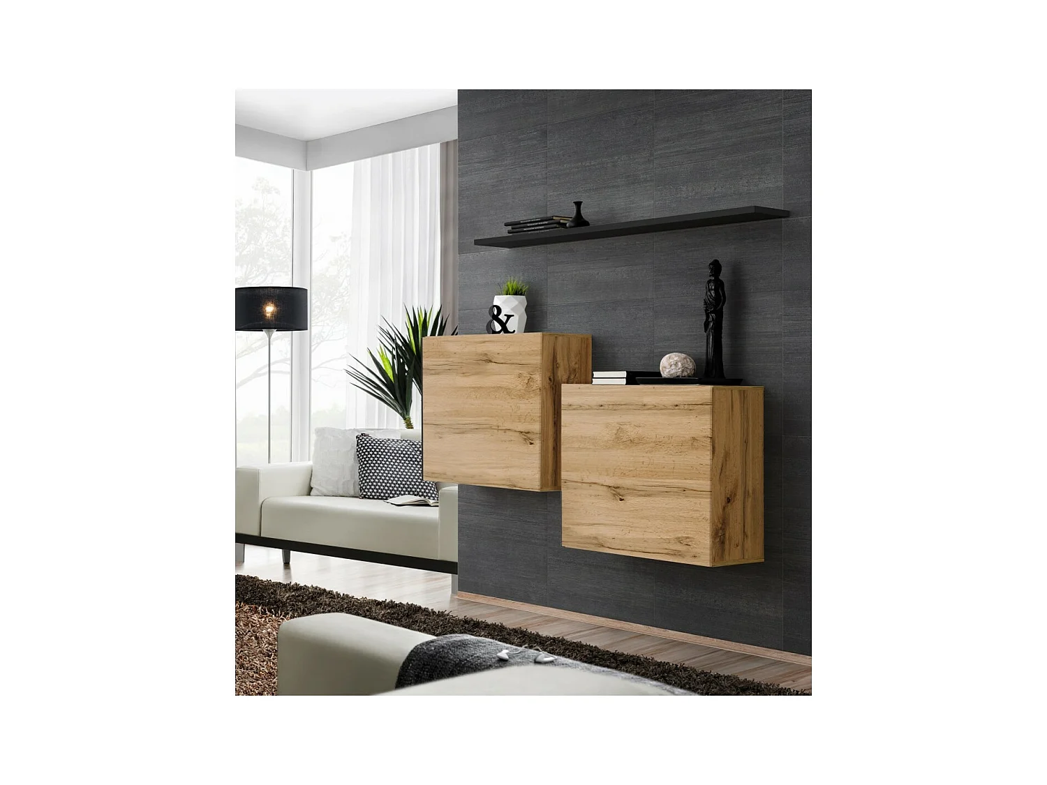 Wohnzimmermöbelset SWITCH SBI im Design, Farbe Wotan-Eiche und schwarzes Regal.