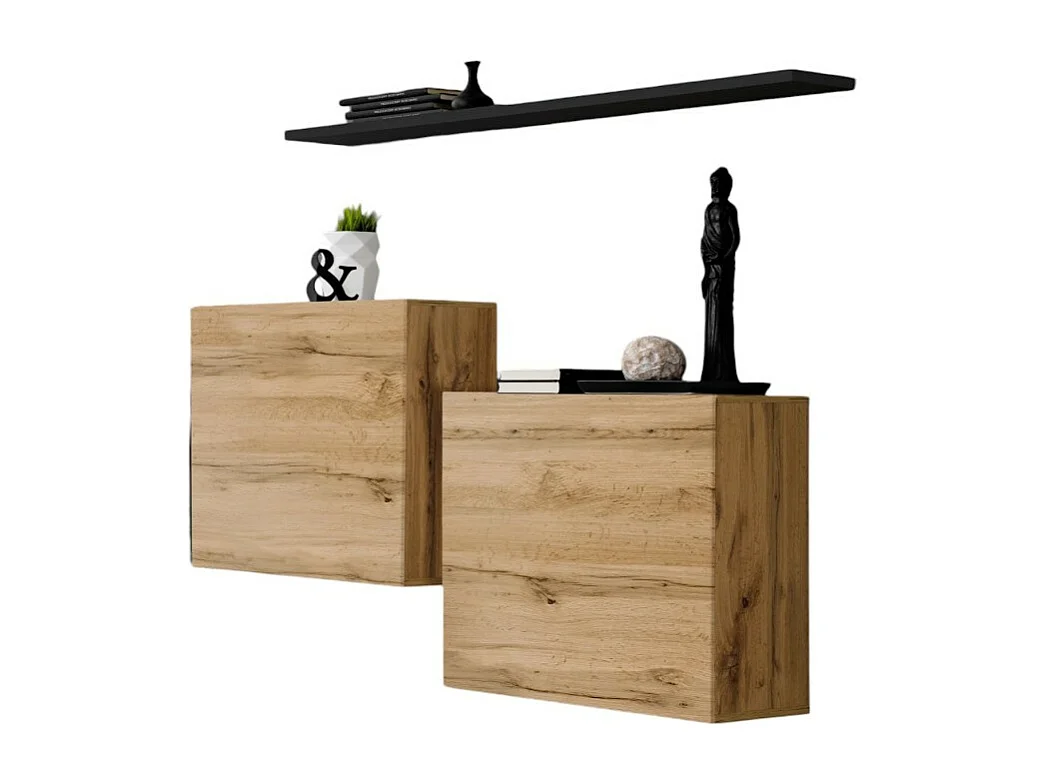 Conjunto de muebles de salón SWITCH SBI diseño, color roble Wotan y estantería negra.