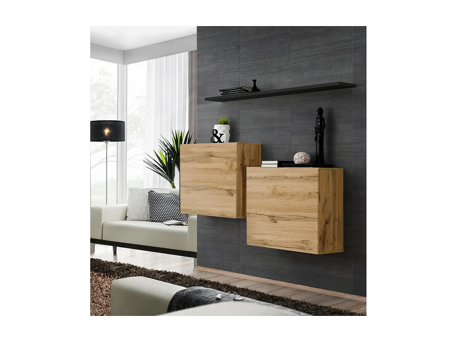 Conjunto de muebles de salón SWITCH SBI diseño, color roble Wotan y estantería negra.