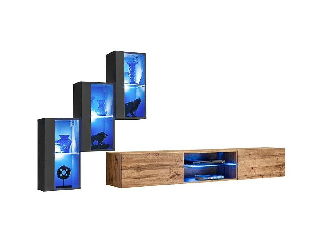 Set woonkamermeubels SWITCH XXII – LED – Grijs en eiken – Zwevend design