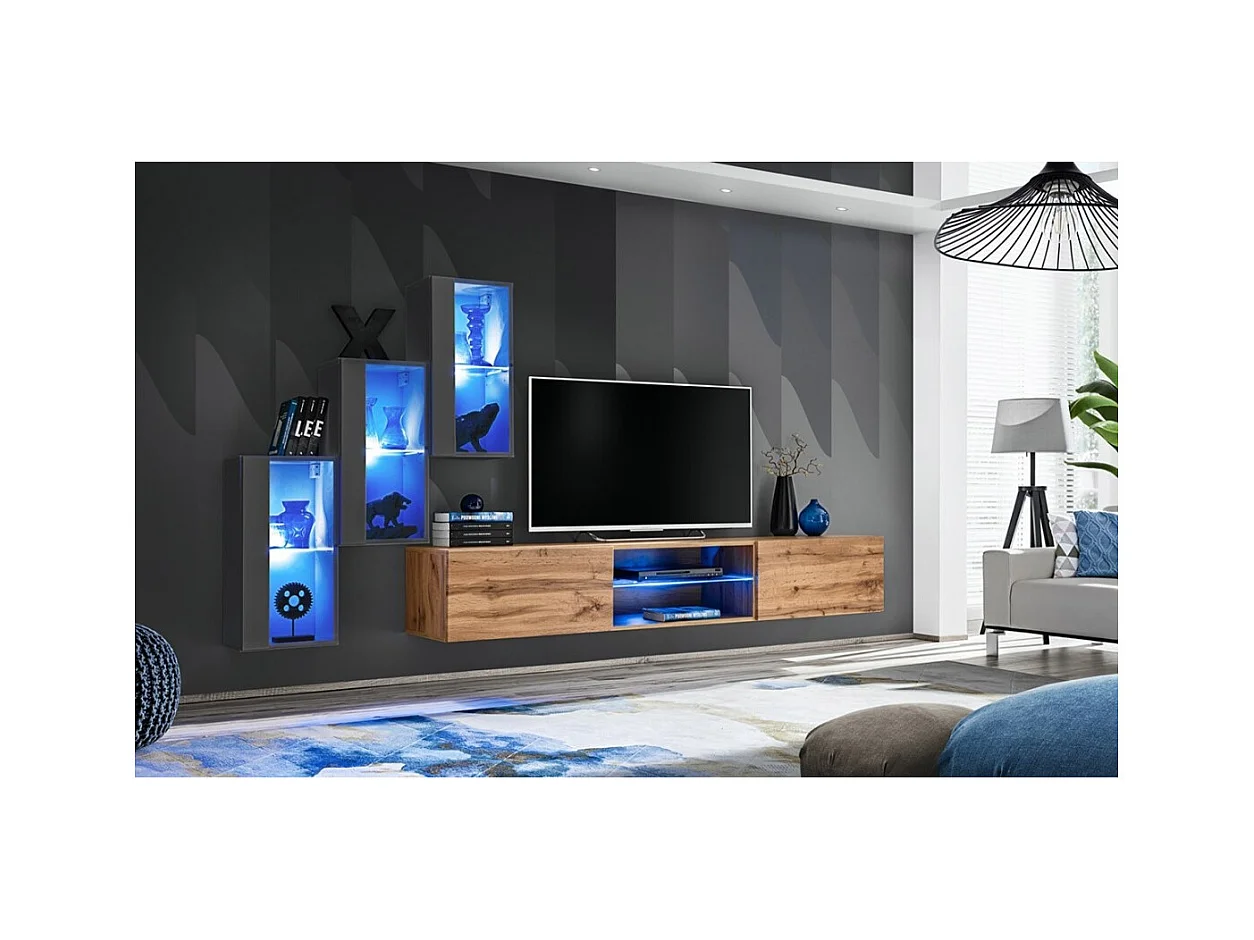 Set woonkamermeubels SWITCH XXII – LED – Grijs en eiken – Zwevend design