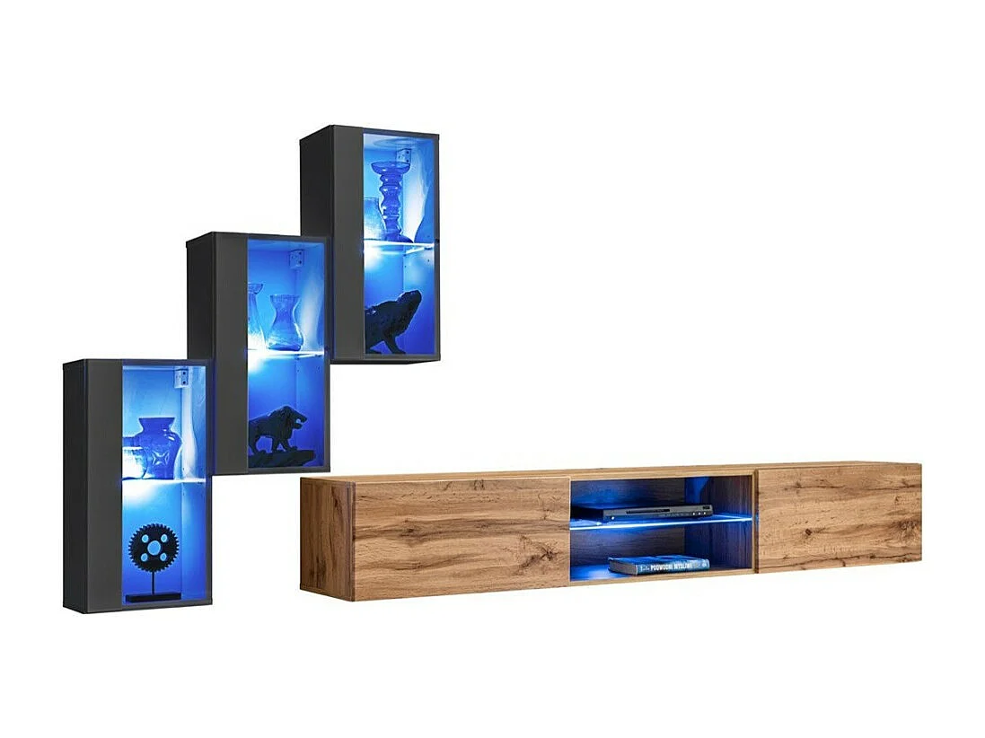Set woonkamermeubels SWITCH XXII – LED – Grijs en eiken – Zwevend design