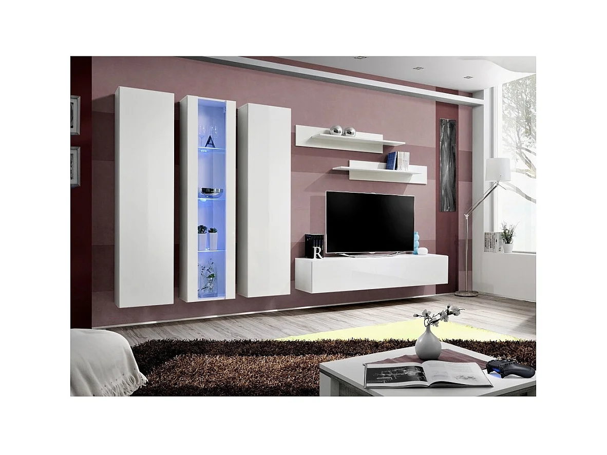 TV-Möbel FLY C4 Design, in glänzendem Weiß. Modernes und trendiges Hängemöbel für Ihr Wohnzimmer.