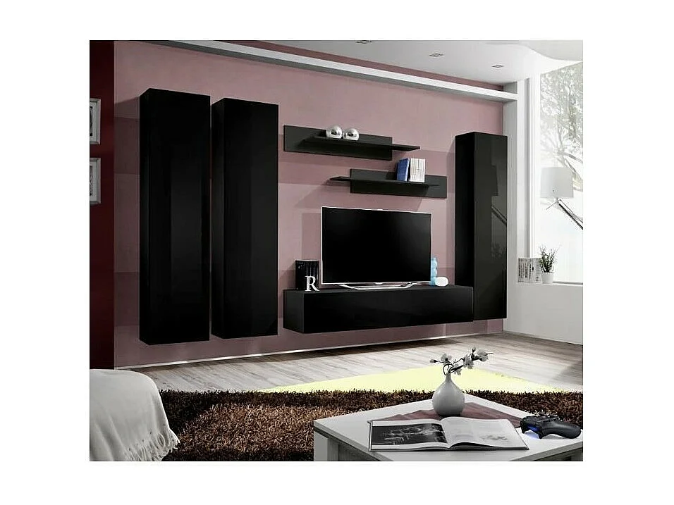 Meuble TV FLY design, coloris noir brillant. Meuble suspendu.