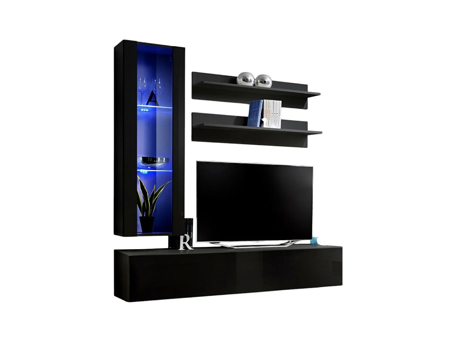 Meuble TV FLY H2 design, coloris noir brillant. Meuble suspendu moderne et tendance pour votre salon.