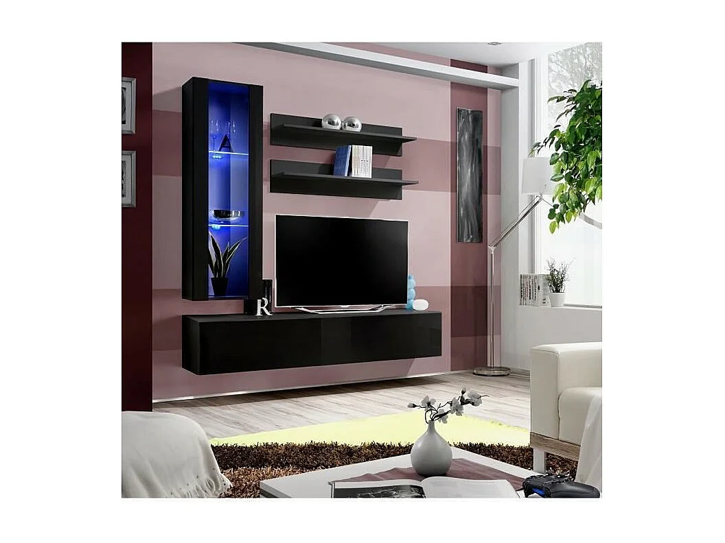 Meuble TV FLY H2 design, coloris noir brillant. Meuble suspendu moderne et tendance pour votre salon.