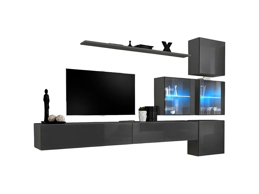 Ensemble meuble salon mural SWITCH XIX design, coloris gris brillant.
