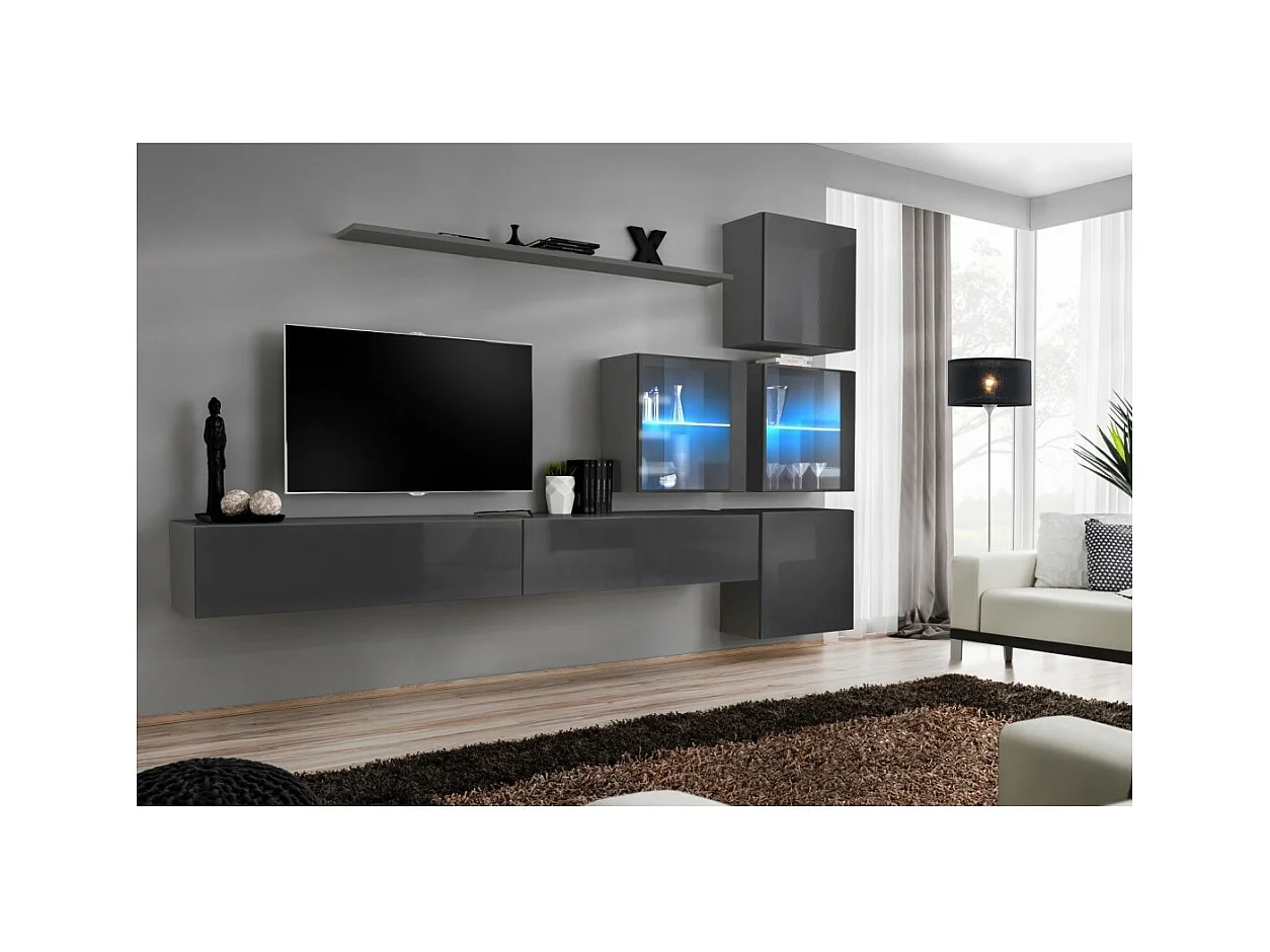 Ensemble meuble salon mural SWITCH XIX design, coloris gris brillant.