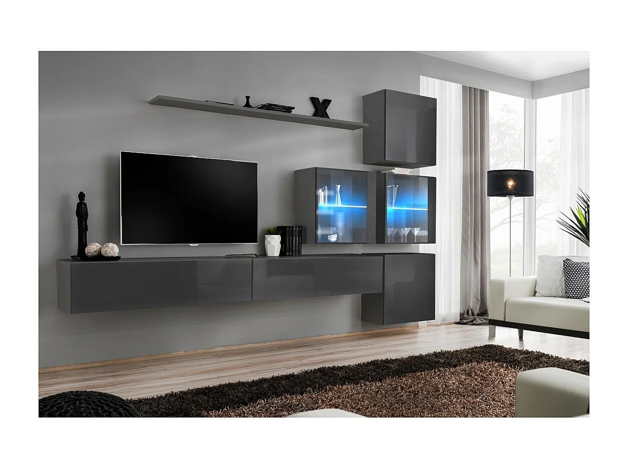 Conjunto de móveis para sala de estar SWITCH XIX, design mural, na cor cinza brilhante.