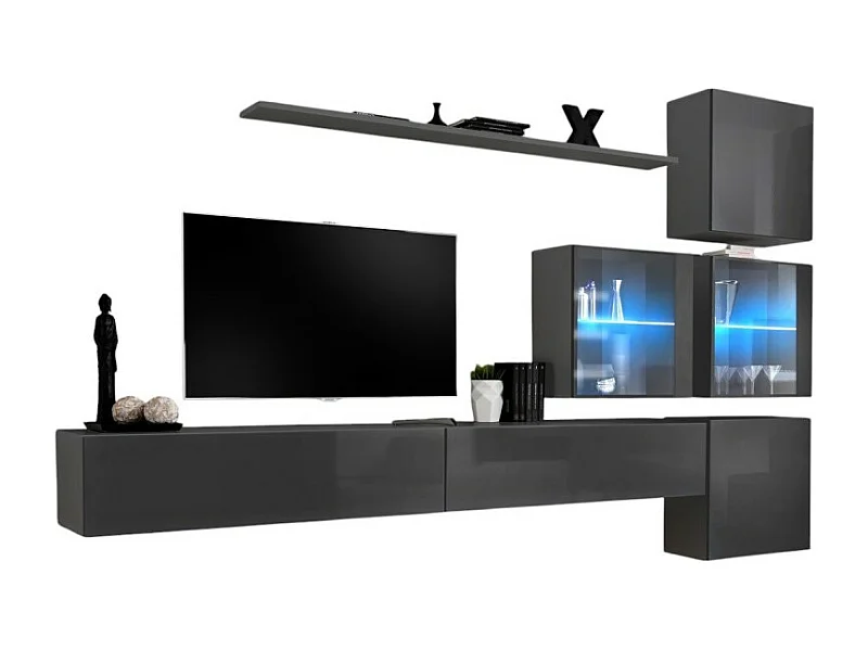Ensemble meuble salon mural SWITCH XIX design, coloris gris brillant.