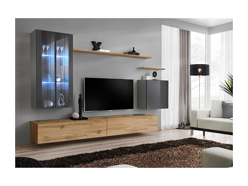 Conjunto de muebles de salón mural SWITCH XII diseño, color roble Wotan y gris brillante.