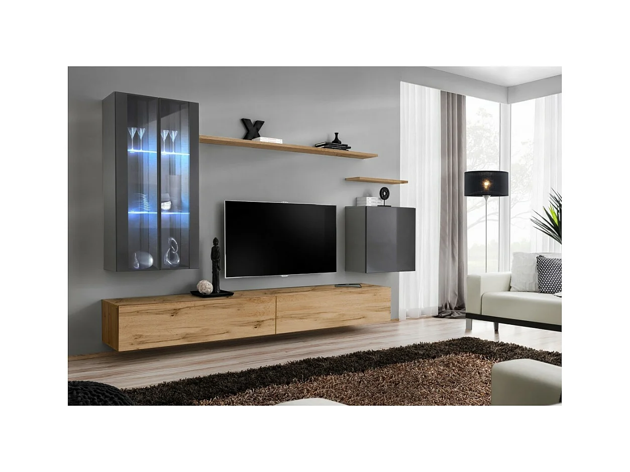 Wohnzimmer-Wandmöbel-Set SWITCH XII im Design, Farbe Wotan-Eiche und glänzendes Grau.