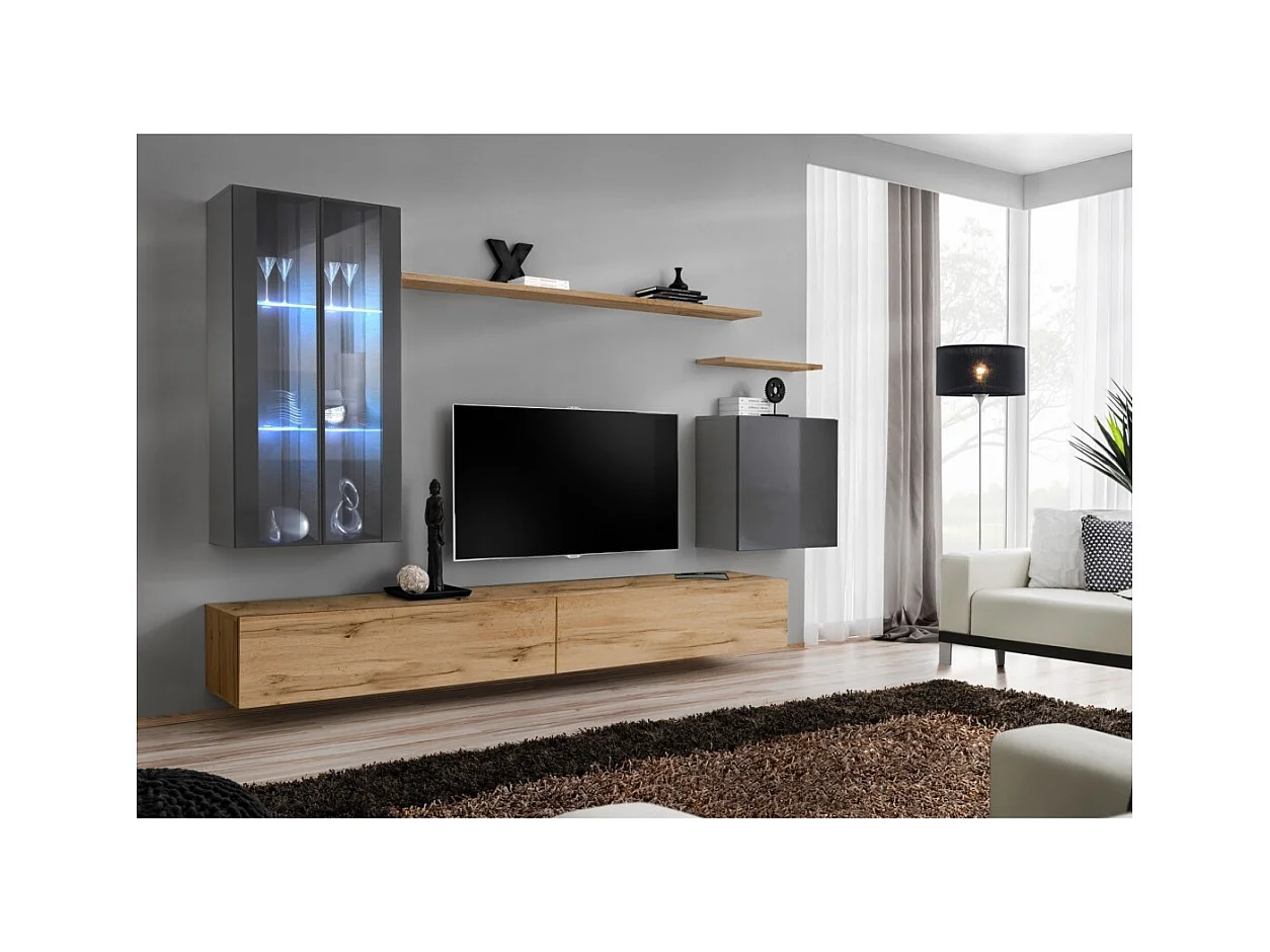 Wandmeubelset voor de woonkamer SWITCH XII design, in Wotan eikenkleur en glanzend grijs.