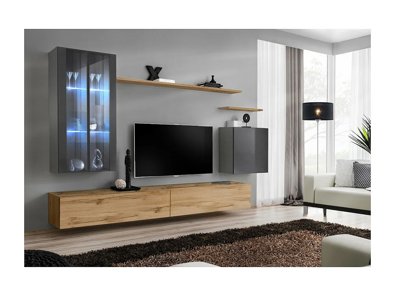Mobile da soggiorno da parete SWITCH XII design, colore rovere Wotan e grigio lucido.