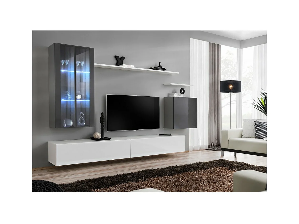 Conjunto de muebles de salón mural SWITCH XII diseño, color blanco y gris brillante.