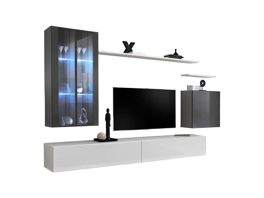 Ensemble meuble salon mural SWITCH XII design, coloris blanc et gris brillant.