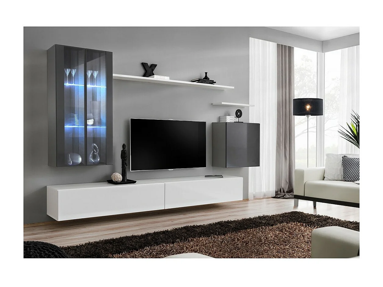 Conjunto de muebles de salón mural SWITCH XII diseño, color blanco y gris brillante.