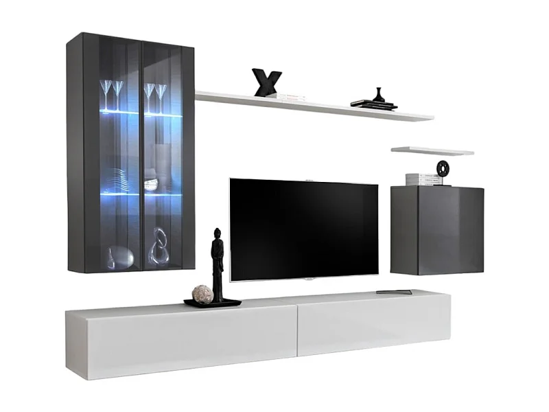 Ensemble meuble salon mural SWITCH XII design, coloris blanc et gris brillant.