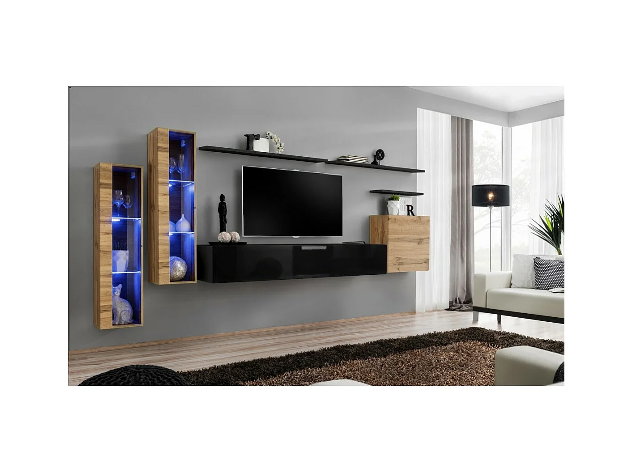 Conjunto de muebles de salón mural SWITCH XI de diseño, en color negro brillante y roble Wotan.