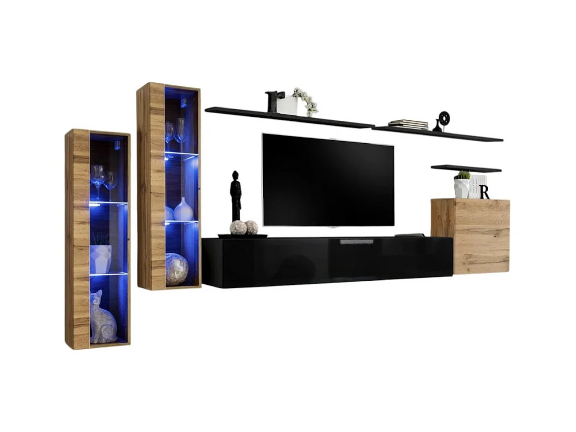 Ensemble meuble salon mural SWITCH XI design, coloris noir brillant et chêne Wotan.