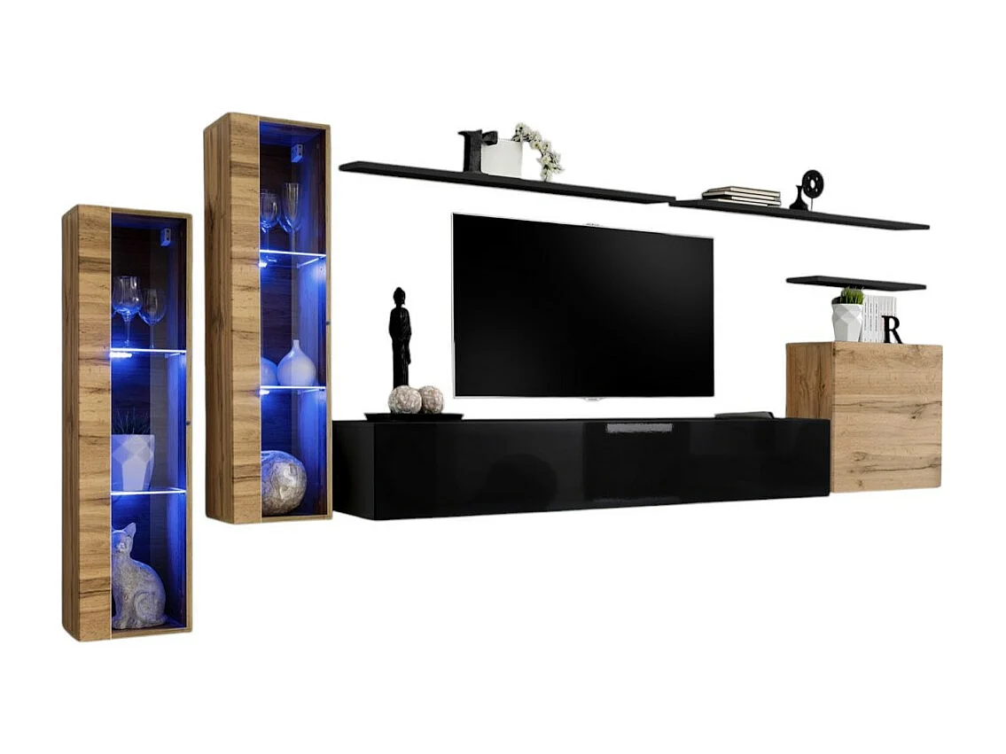Wandmeubelset voor de woonkamer SWITCH XI design, in glanzend zwart en Wotan eiken kleur.