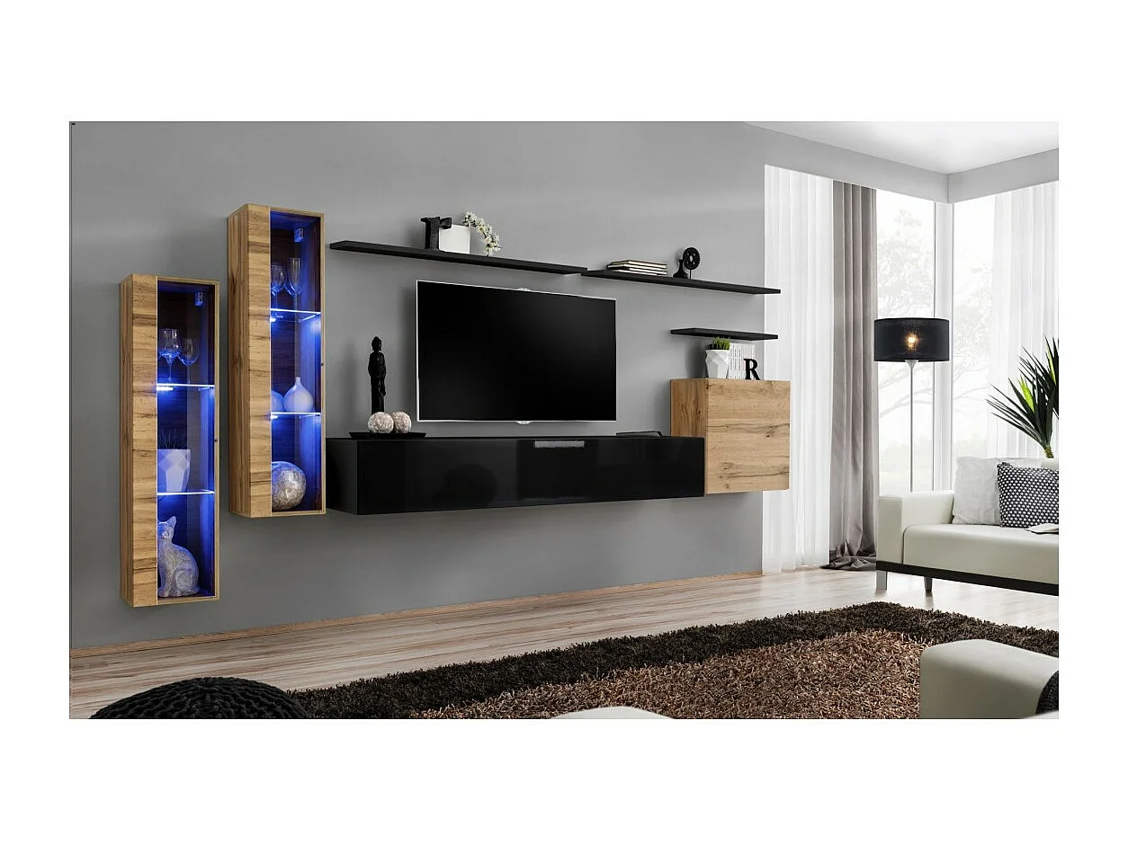 Wandmeubelset voor de woonkamer SWITCH XI design, in glanzend zwart en Wotan eiken kleur.