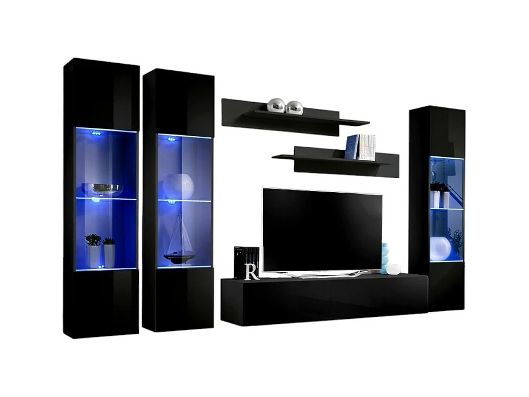 Mueble de TV FLY C3 diseño, acabado en negro brillante. Mueble colgante moderno y de moda para su sala de estar.
