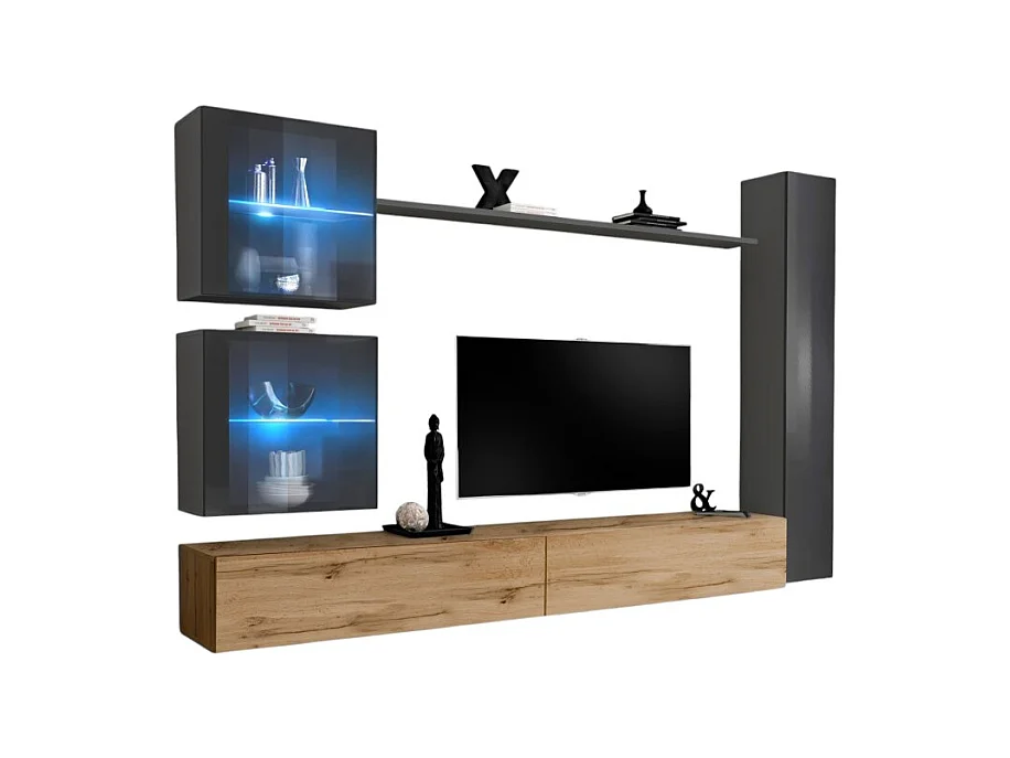 Ensemble meuble salon mural SWITCH XVIII design, coloris chêne Wotan et gris brillant.